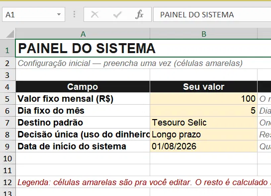 Painel do Sistema em uma planilha de configuração